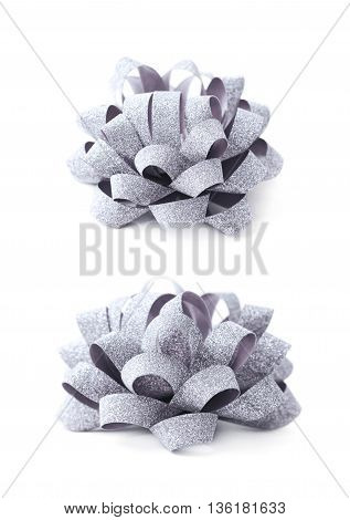 Decorational silver ribbon gift bow isolated over the white background, set collection of two diffirent foreshortenings