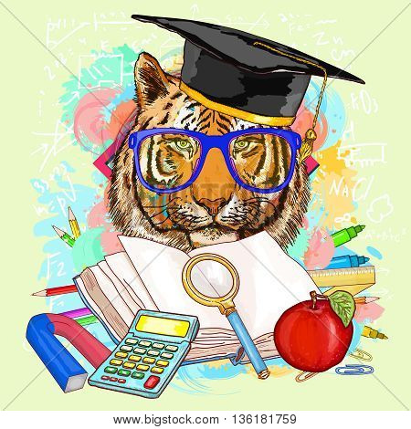 Education hipsters animals students tiger goes to school vector illustration