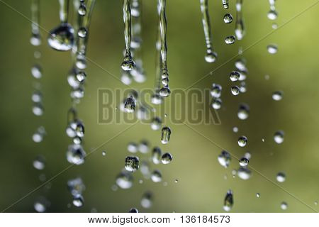 Raindrops on a rope for clothes on a blurred background.