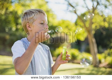 Cute young boy blowing bubbles through bubble wand in park
