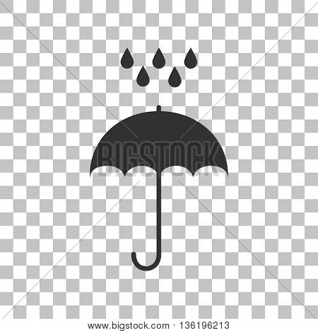 Umbrella with water drops. Rain protection symbol. Flat design style. Dark gray icon on transparent background.