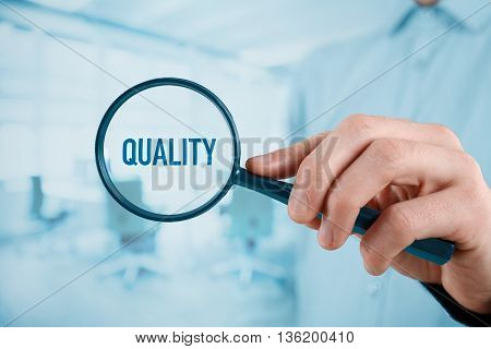 Manager (businessman coach leadership) is focused on quality.