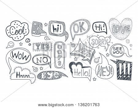 Comic Style Speech Bubbles With Different Expressions Set Of Sketch Style Monochrome Vector Icons On White Background