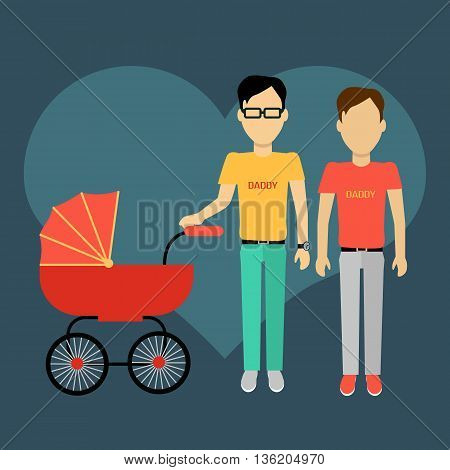Father gay with a baby carriage banner design flat. Parents homosexual walking with baby in baby carriage. Daddy young happy with toddler, male and fatherhood, love and happiness, vector illustration