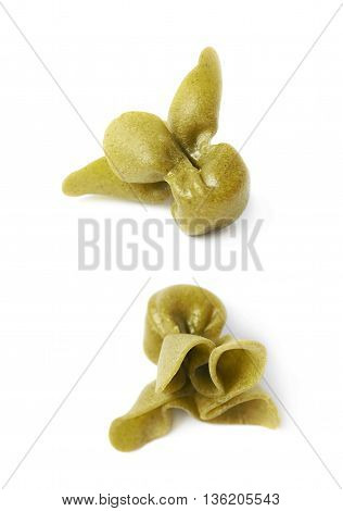 Single sacchettoni stuffed sacchetti pasta isolated over the white background, set of two different foreshortenings