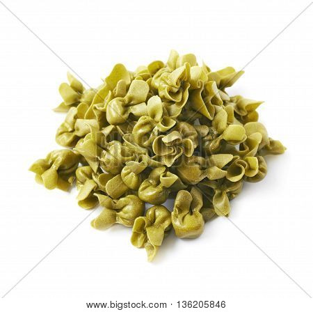 Pile of sacchettoni stuffed sacchetti pasta isolated over the white background