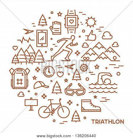 Line round concept for triathlon. Vector linear prints on T-shirts for triathlon. Open path.