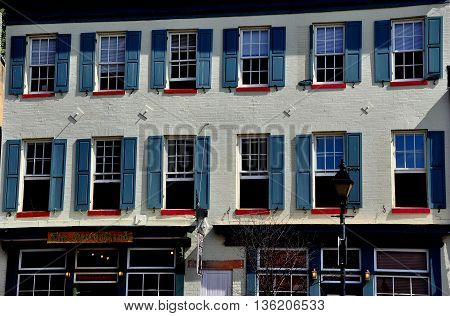 Baltimore Maryland - July 22 2013: 18th century brick building on the historic Thames Street waterfront at Fells Point