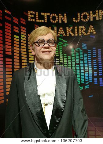 Da Nang, Vietnam - Jun 20, 2016: Elton John wax statue on display at Ba Na Hills mountain resort. Sir Elton Hercules John, CBE, is an English pianist, singer-songwriter and composer.