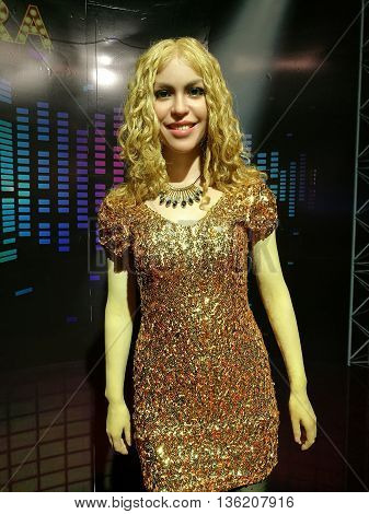 Da Nang, Vietnam - Jun 20, 2016: Shakira wax statue on display at Ba Na Hills mountain resort. Shakira Ripoll is a Colombian singer, songwriter, dancer, record producer, choreographer, and model.