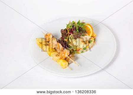 Tropical breakfast served with shrips skewer and rice