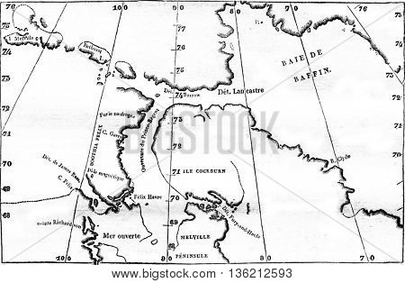 Map of the discoveries of Captain Ross, and northern part of those of Captain Back, vintage engraved illustration. Magasin Pittoresque 1836.