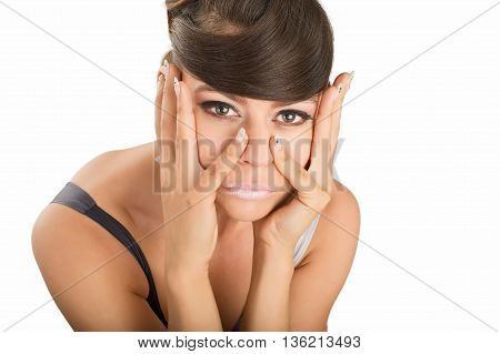 beautiful young women closeup portrait on white background
