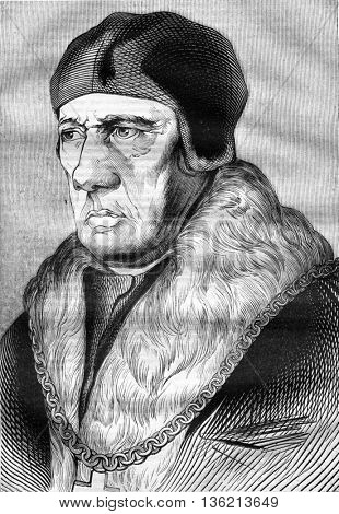 Portrait believed to be that of the father of Thomas More, vintage engraved illustration. Magasin Pittoresque 1836.
