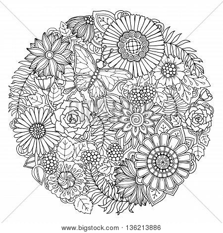 Circle summer doodle flower ornament with butterfly. Hand drawn art floral mandala. Black and white background. Zentangle inspired pattern for coloring book pages for adults and kids.
