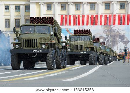 SAINT PETERSBURG, RUSSIA - MAY 05, 2015: Vehicles BM-21-1 (