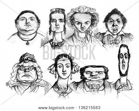 Different facial shapes, Types of caricatures, vintage engraved illustration. Magasin Pittoresque 1836.