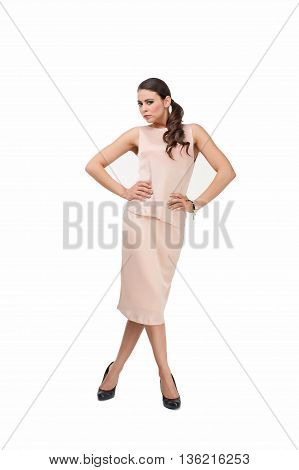 beautiful young girl posing to camera in fashion dress