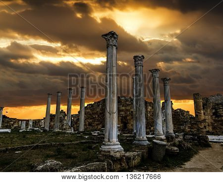 May 24 2016.Famagusta.Ruins and ancient columns in the ancient city of Salamis in Famagusta at sunset.Northern Cyprus.