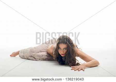 glamour fashion model posing in studio on white background