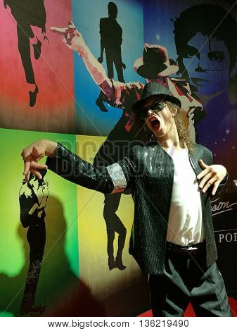 Da Nang, Vietnam - Jun 20, 2016: Michael Jackson wax statue on display at Ba Na Hills mountain resort. He was an American singer, songwriter, record producer, dancer, and actor, called the King of Pop