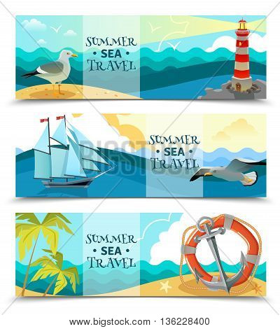 Nautical horizontal banners set of sea background with sailboat life ring palm trees on uninhabited island design elements flat vector illustration