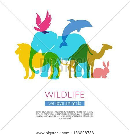 Wildlife animals and birds flat colorful silhouettes composition poster with elephant lion eagle and camel vector illustration