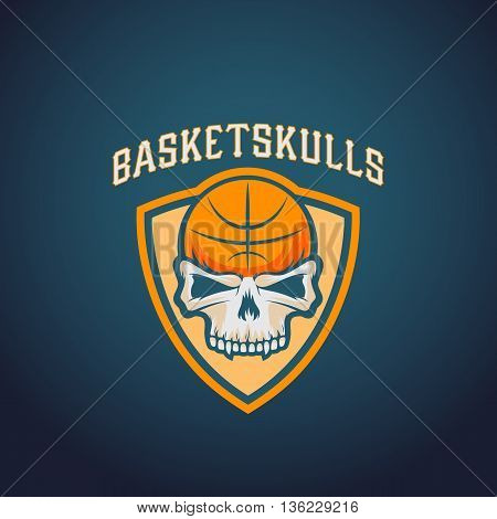 Basket Skulls Abstract Vector Basketball Logo Template. Sport Team or Championship Emblem. University League Sign. On Darck Background.