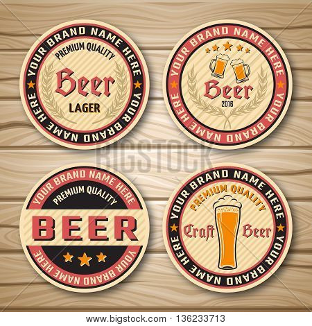 Round beer label or emblem set with descriptions of premium beer and place to locate brand vector illustration