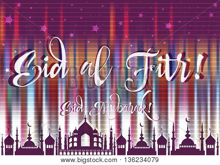 Holiday card with mosque for greeting with finish of fasting month Ramadan and Islamic holiday Eid al-Fitr as well Feast of Breaking the Fast. Vector illustration