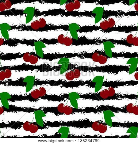 Mature and red cherry. Striped, black and white background.Endless pattern