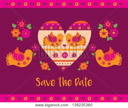 Wedding invitation card. Decorative heart with birds. Sketch for your design.