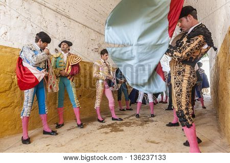 Baeza SPAIN - August 10 2011: Bullfighter at the paseillo or initial parade Bullfight at Andujar bullring Andujar Jaen province Andalusia Spain