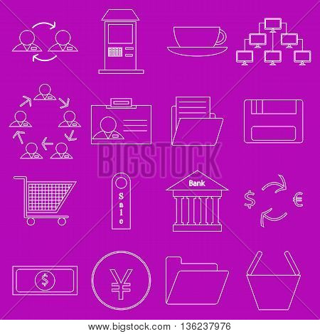 A set of contour business icons on purple background. Fine lines