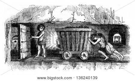 Scenes in coal mines in England, The trapper, vintage engraved illustration. Magasin Pittoresque 1843.