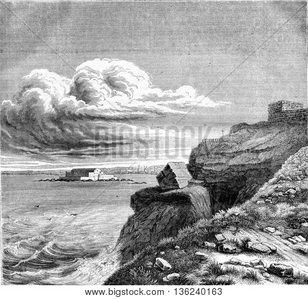 Tomb of chateaubriand, vintage engraved illustration. Magasin Pittoresque 1843.