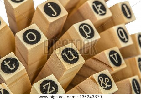 English alphabet lowercase collage of isolated wood letterpress printing blocks