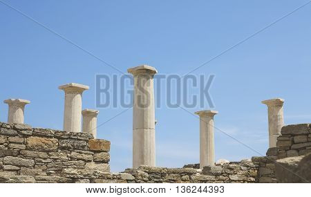 Landscape with ancient Roman time columns in Delos island