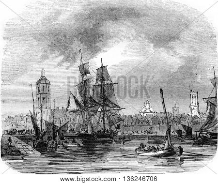 View of Dunkirk, North department, vintage engraved illustration. Magasin Pittoresque 1843.