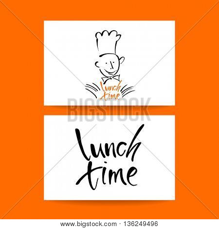 CHEF-COOK with handwritten lettering LUNCH TIME. Hand drawing chef-cook, handmade text lunch-time.Concept card design for restaurant, cafe, chief-cooker, chef, lunch time.Vector Illustration. 