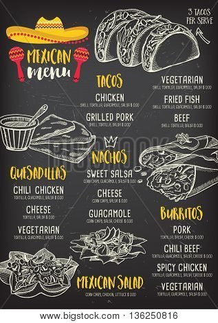 Mexican menu placemat food restaurant menu template design. Vintage creative dinner brochure with hand-drawn graphic. Vector food menu flyer.
