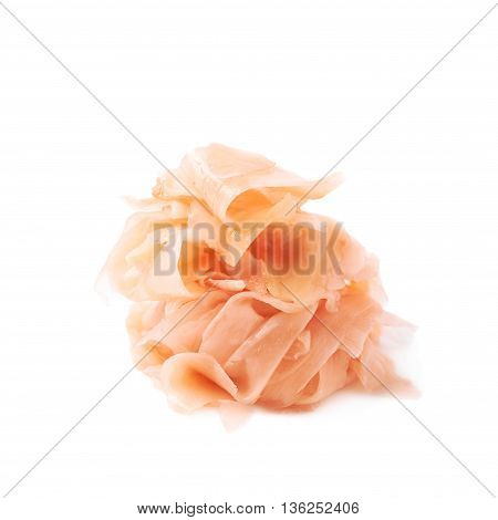 Pile of marinated ginger slices isolated over the white background