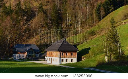 Sunny evening near town Grunau im Almtal with church