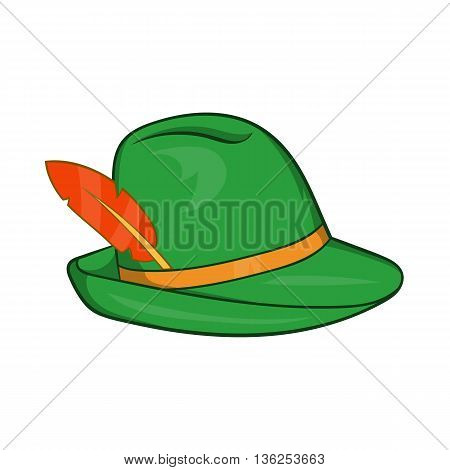 Green hat with a feather icon in cartoon style on a white background