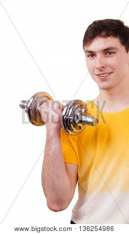 Man exercising with dumbbells. Muscular strong guy lifting heavy weights. Bodybuilding. Isolated on white