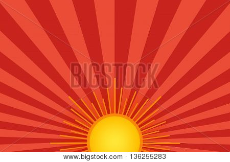 Summer shining sun on the sky background. Orange and red иackdrop with retro rays of light.