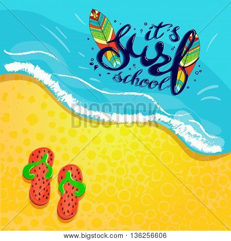 surf school t-shirt print vector concept. surf board with hand drawn letters about surf school