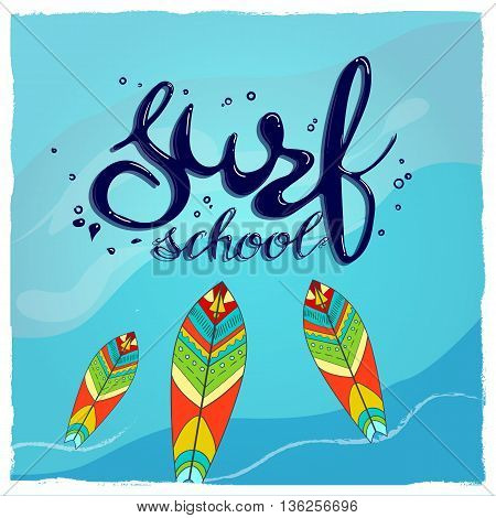 surf school t-shirt print vector concept. surf board with hand drawn letters about surf school