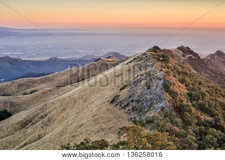 Sundown at Fremont Peak State Park. San Benito County, California, USA. Sunset over the highest peaks of Gavilan Ranges and the Monterey Bay.