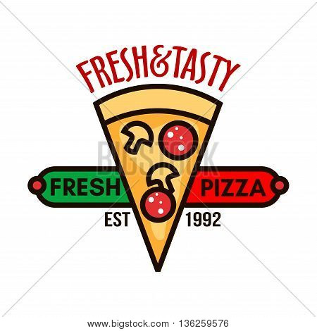 Retro badge of original italian pizza topped with sausages, mushrooms and cheese adorned by red and green banner with caption Fresh Pizza. Great for pizzeria signboard or takeaway box design